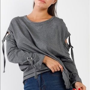 Drop Shoulder Cutout-Detail Sweatshirt in Gray Sz Large New Boutique